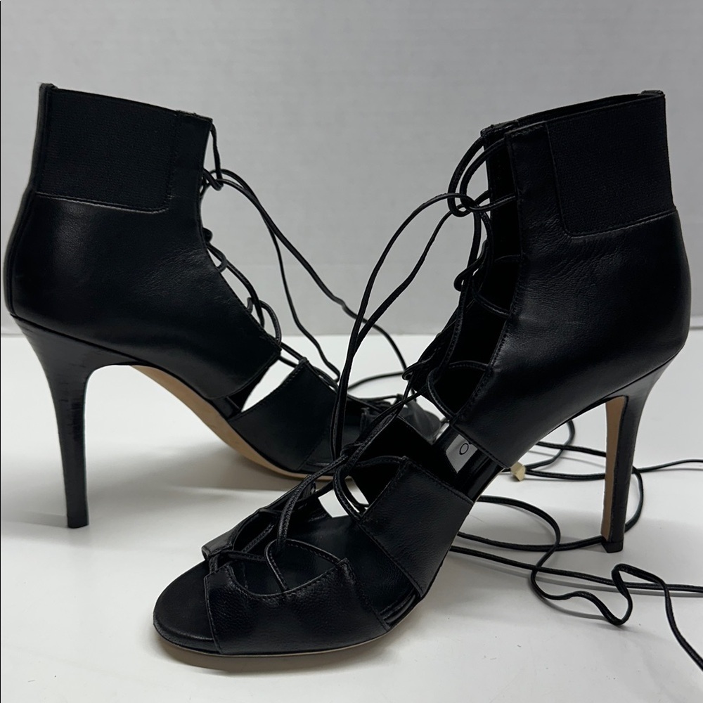 Jimmy Choo Heels Caged Lace Up Open Toe High Heeled Shoes Leather Black Size 7.5 - Picture 7 of 11